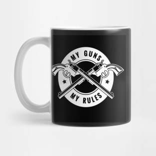 Two crossed revolvers and lettering My guns my rules. Only free font used. Mug